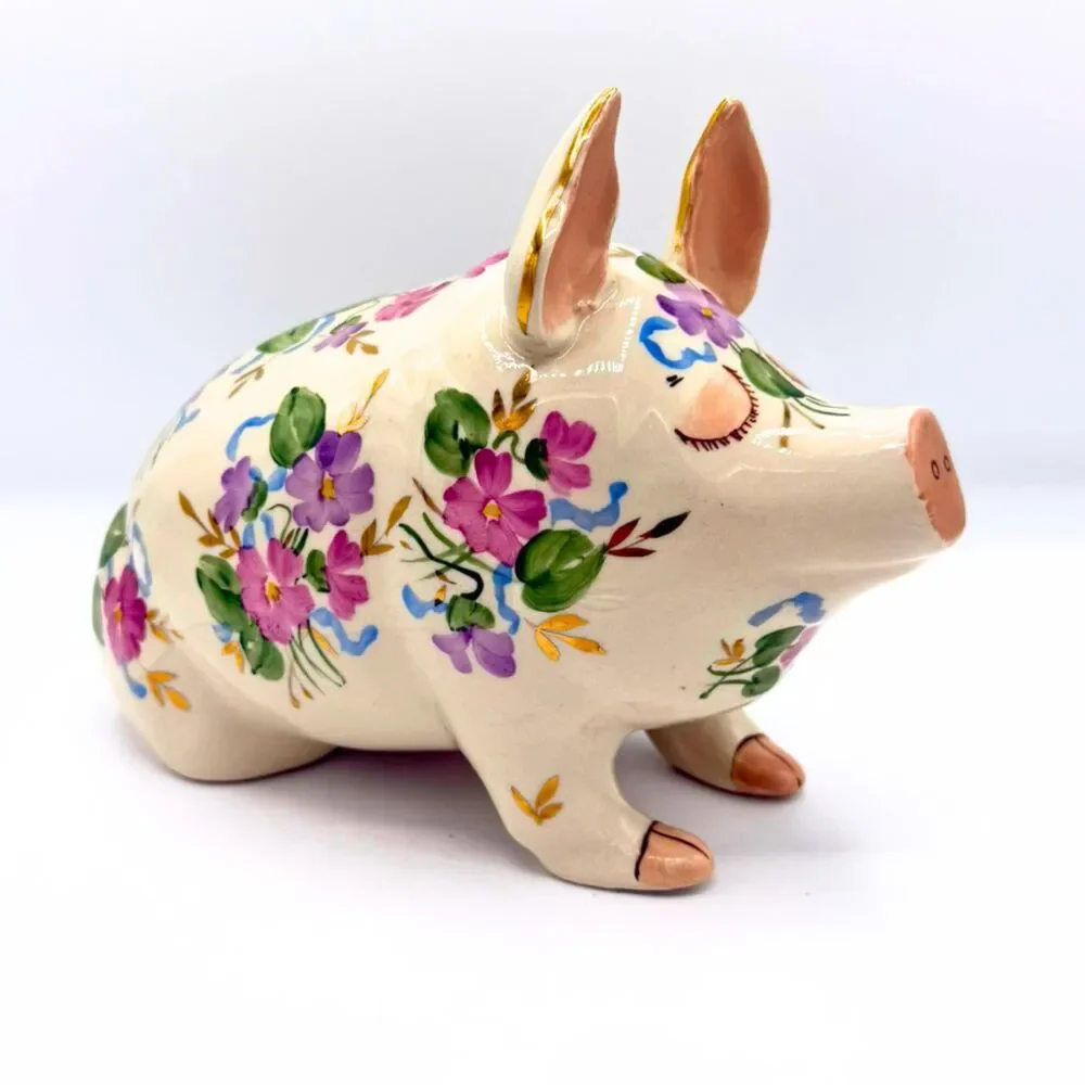 Vintage Floral Ceramic Pig Figurine Statue Country Cottagecore Farmhouse Decor
